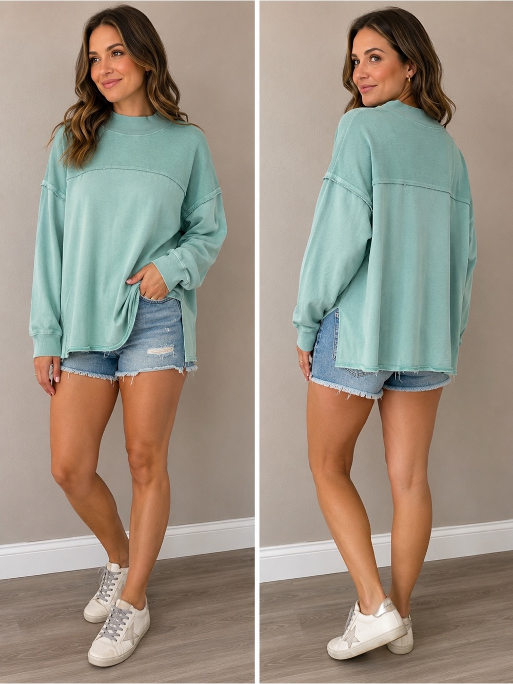 BKE Mint Green Ribbed-Trim Pullover - Picture 1 of 5